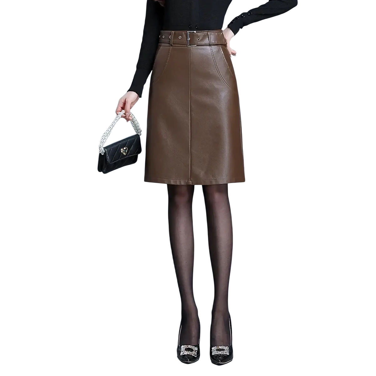 Brown faux leather a-line skirt with fitted waistband and front pockets shown alongside black faux leather pencil skirt