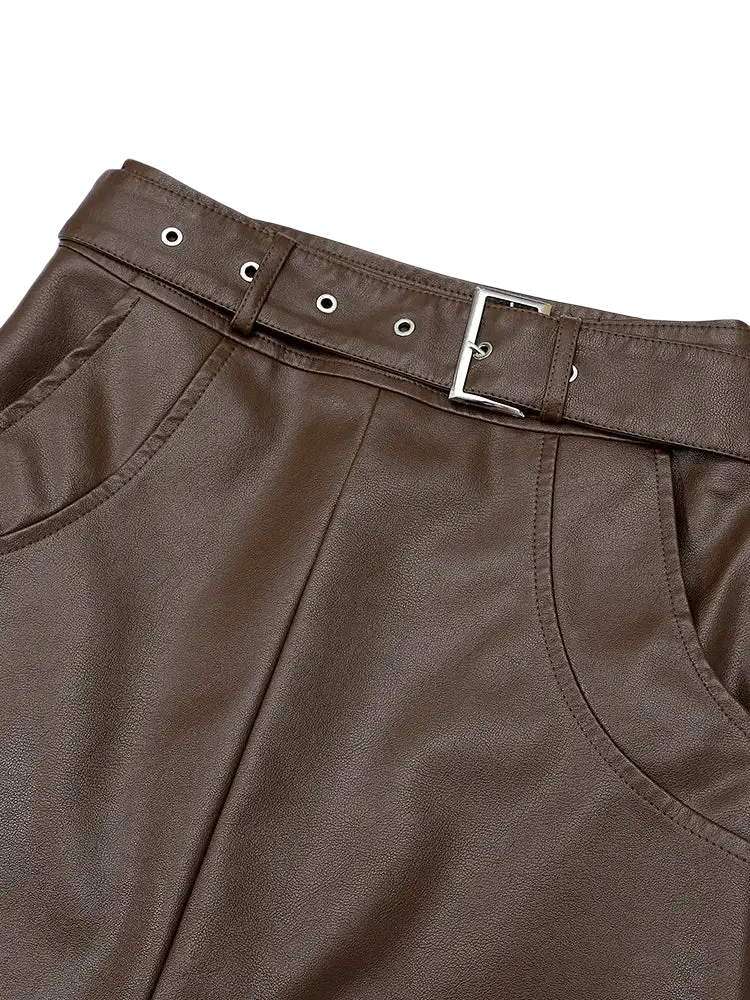 Brown faux leather high-waisted skirt with matching belt and silver-toned buckle for a black faux leather pencil skirt product