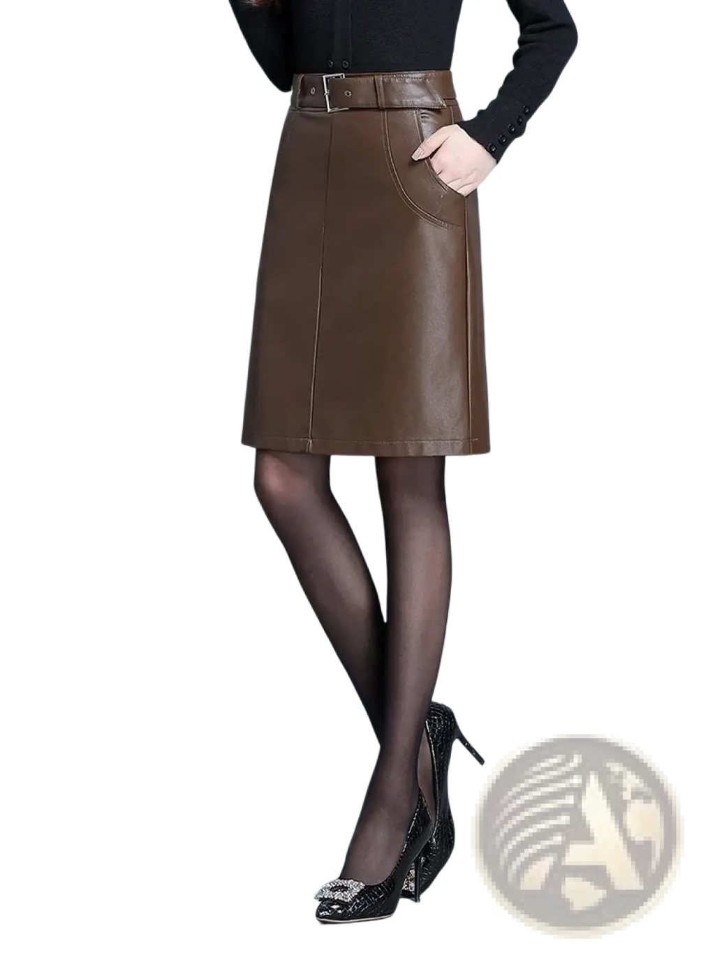 Brown leather skirt with matching belt and front pocket displayed as an alternative to black faux leather pencil skirt