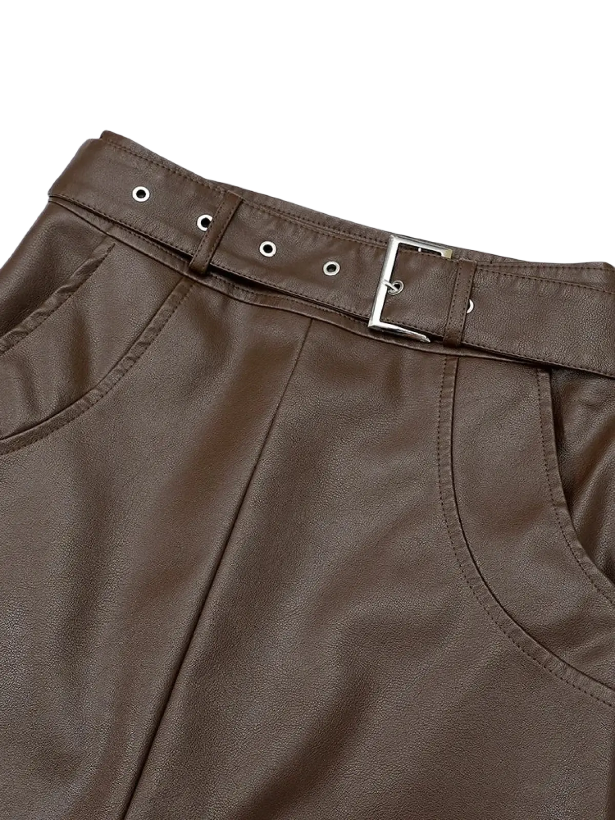 Brown faux leather high-waisted skirt with matching belt and silver-toned buckle for a black faux leather pencil skirt product