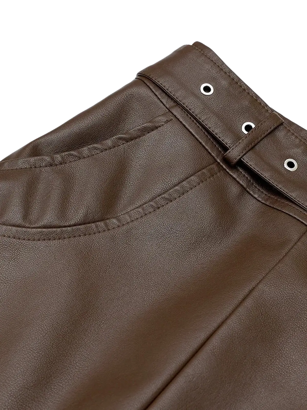 Brown faux leather high-waisted skirt with belt looped through silver grommets shown from the back side
