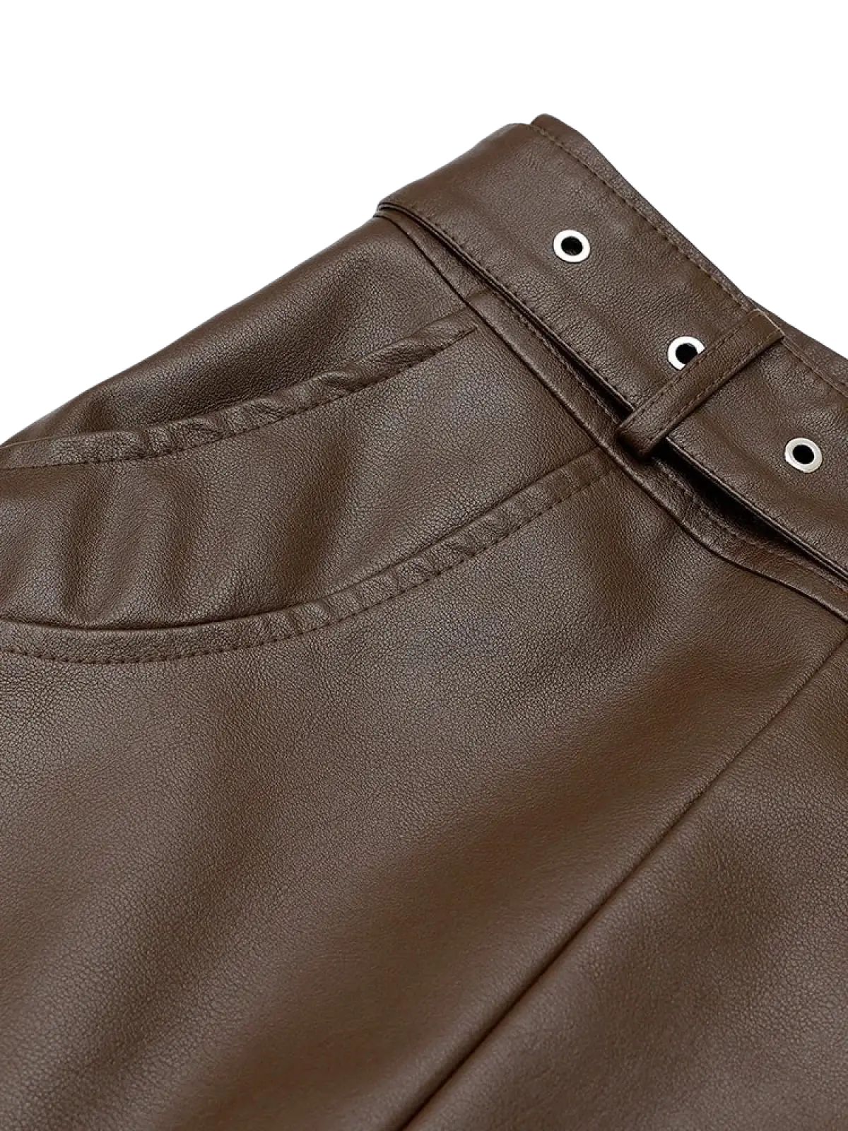 Brown faux leather high-waisted skirt with belt looped through silver grommets shown from the back side
