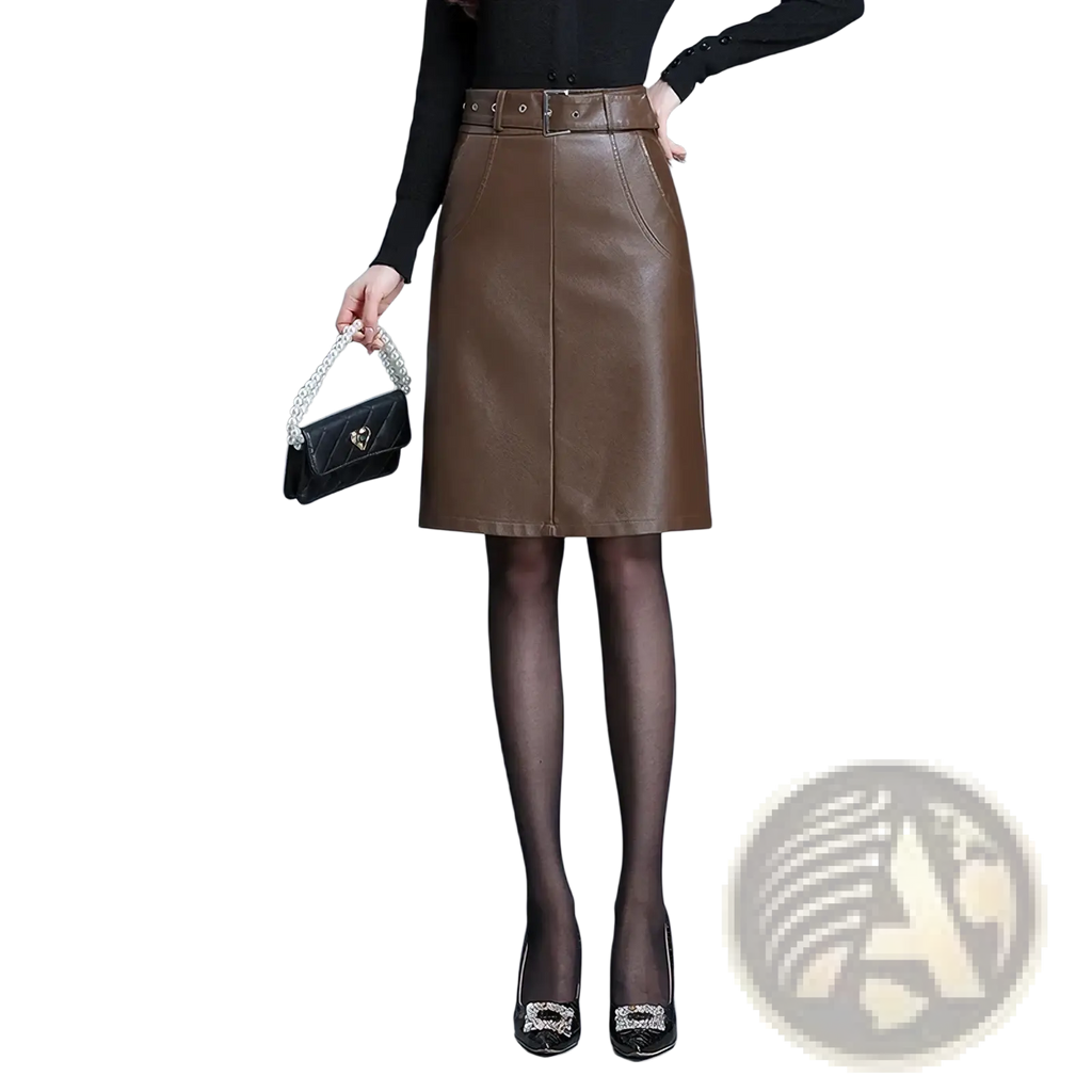 Brown faux leather a-line skirt with fitted waistband and front pockets shown alongside black faux leather pencil skirt
