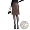 Brown faux leather a-line skirt with fitted waistband and front pockets shown alongside black faux leather pencil skirt