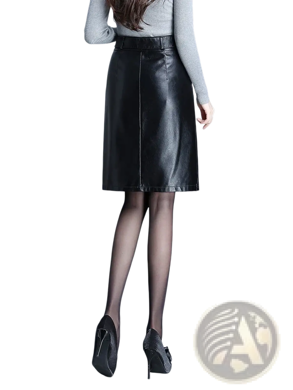 Black faux leather pencil skirt with a-line silhouette central seam and belt detail for stylish wear