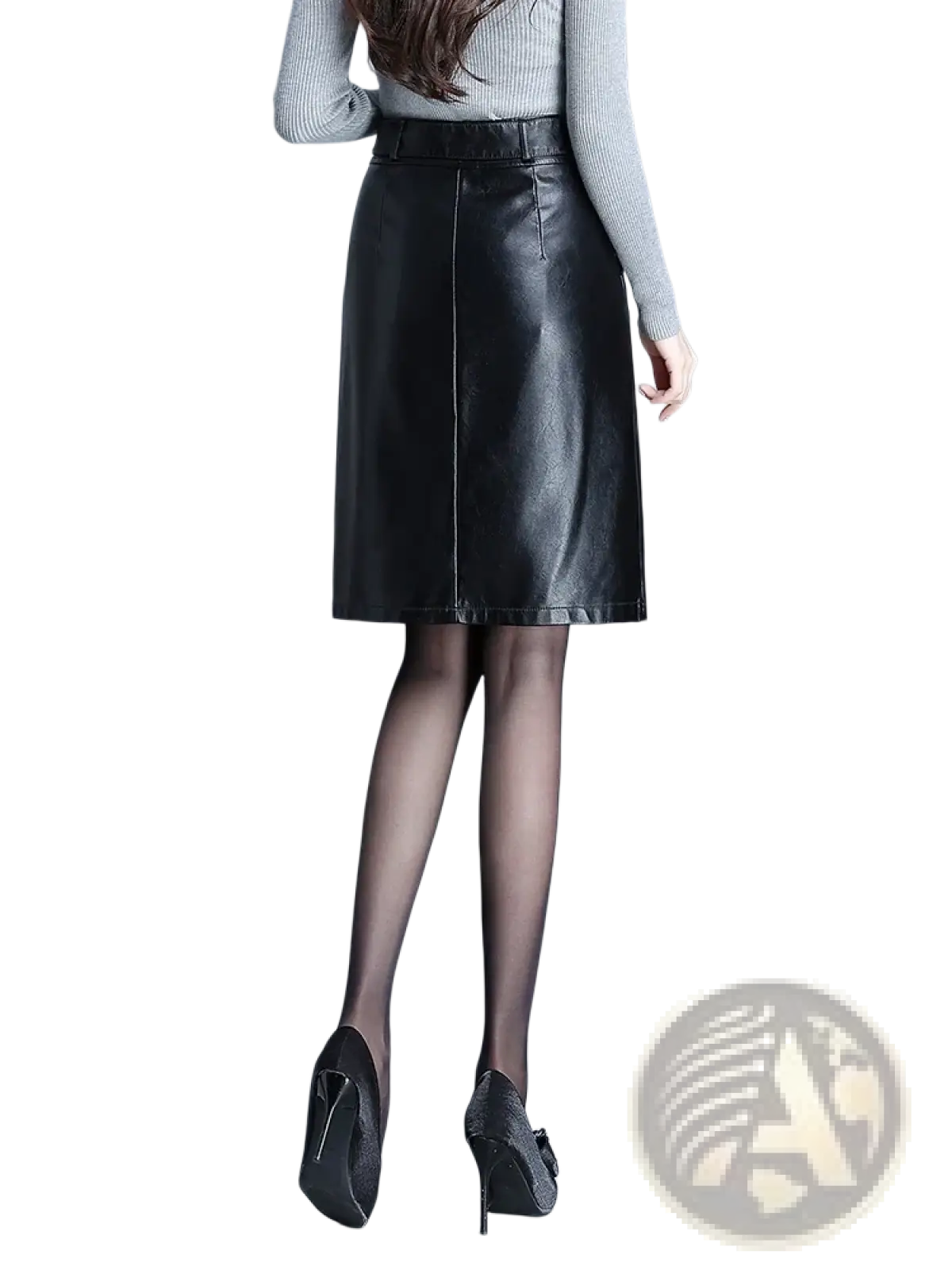 Black faux leather pencil skirt with a-line silhouette central seam and belt detail for stylish wear