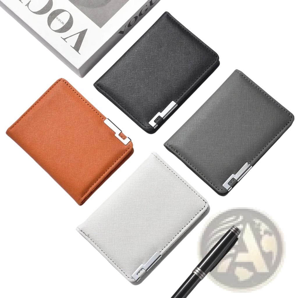Four compact textured cardholders in orange black gray and white faux leather with silver metal clasps for slim storage