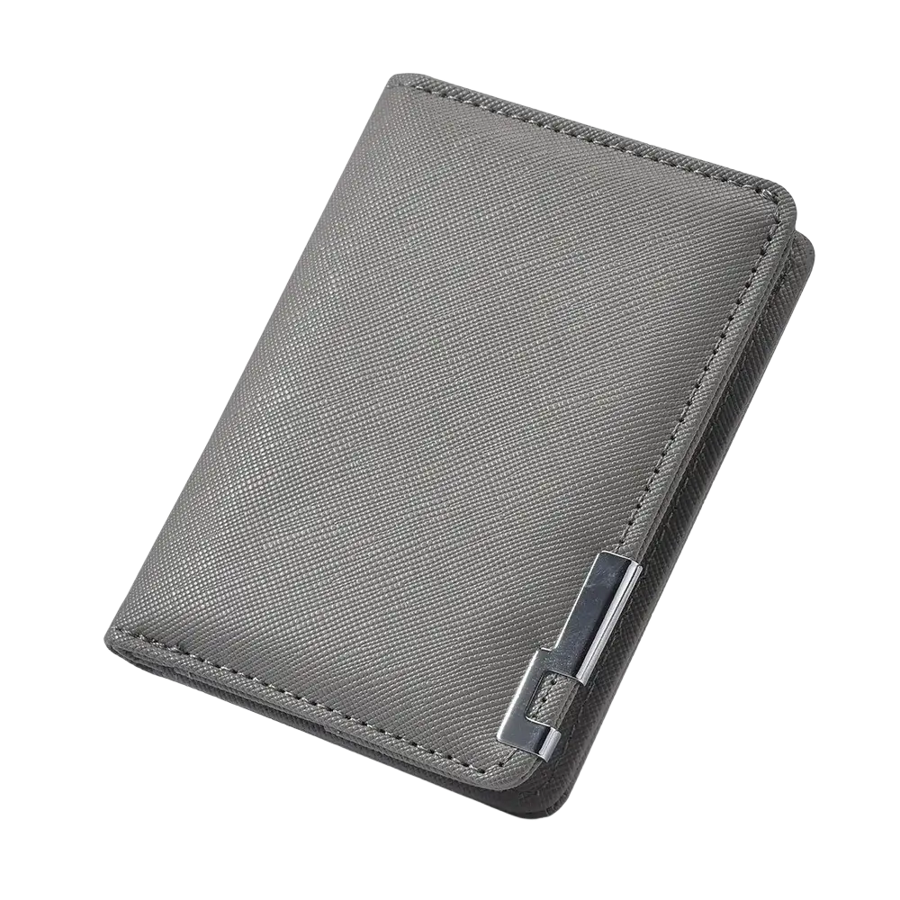 Gray textured slim wallet made of faux leather featuring a sleek metallic clasp for secure closure