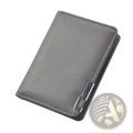 Gray textured slim wallet made of faux leather featuring a sleek metallic clasp for secure closure