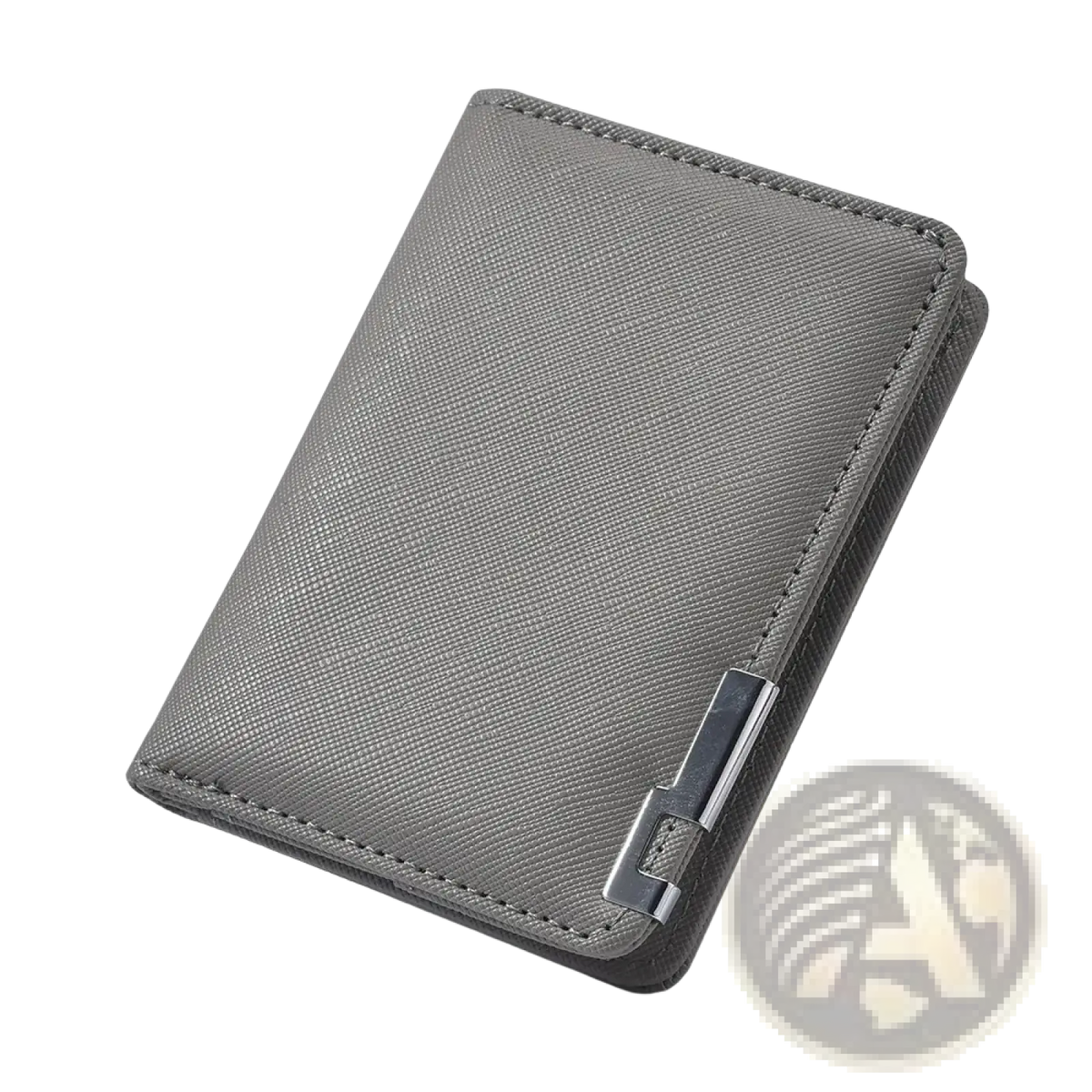 Gray textured slim wallet made of faux leather featuring a sleek metallic clasp for secure closure