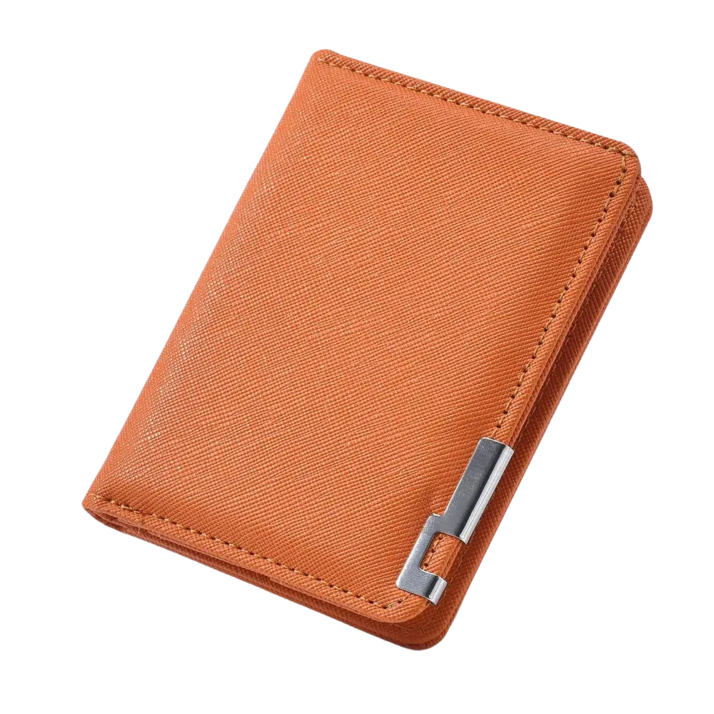 Orange textured wallet with silver metal clasp contrasted within a black faux leather slim wallet design