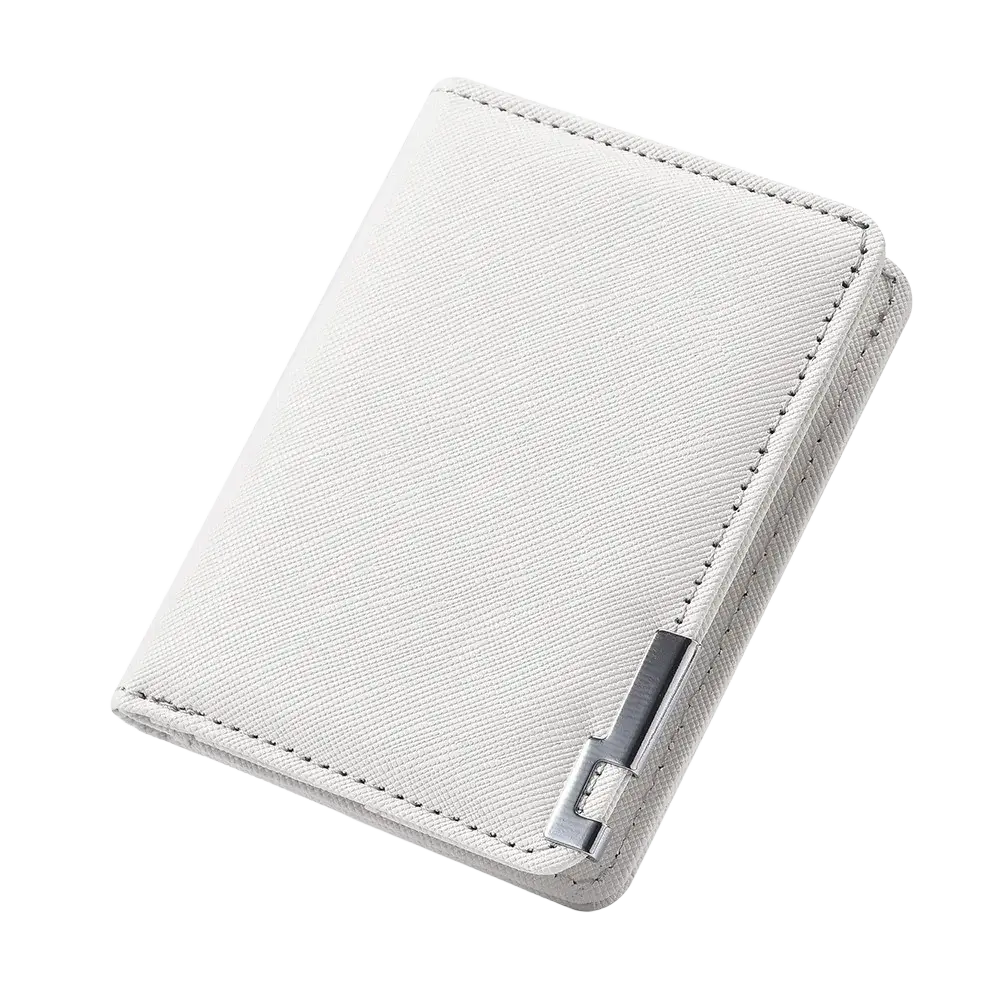 A sleek white textured wallet featuring a silver-toned metal clasp in black faux leather slim design