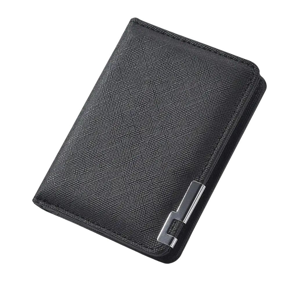 Black faux leather slim wallet with textured surface and sleek silver metal clasp for secure closure