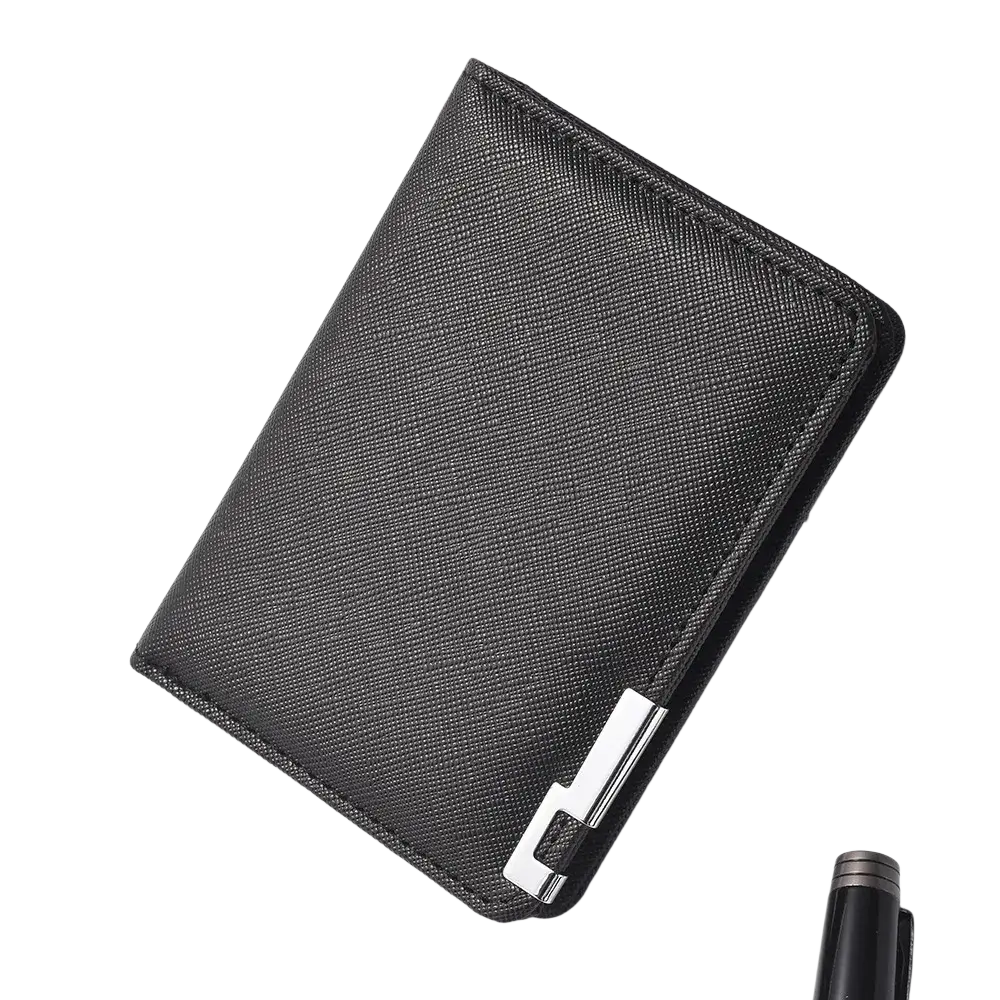 Black faux leather slim wallet with black textured surface and sleek silver metal clasp for secure closure
