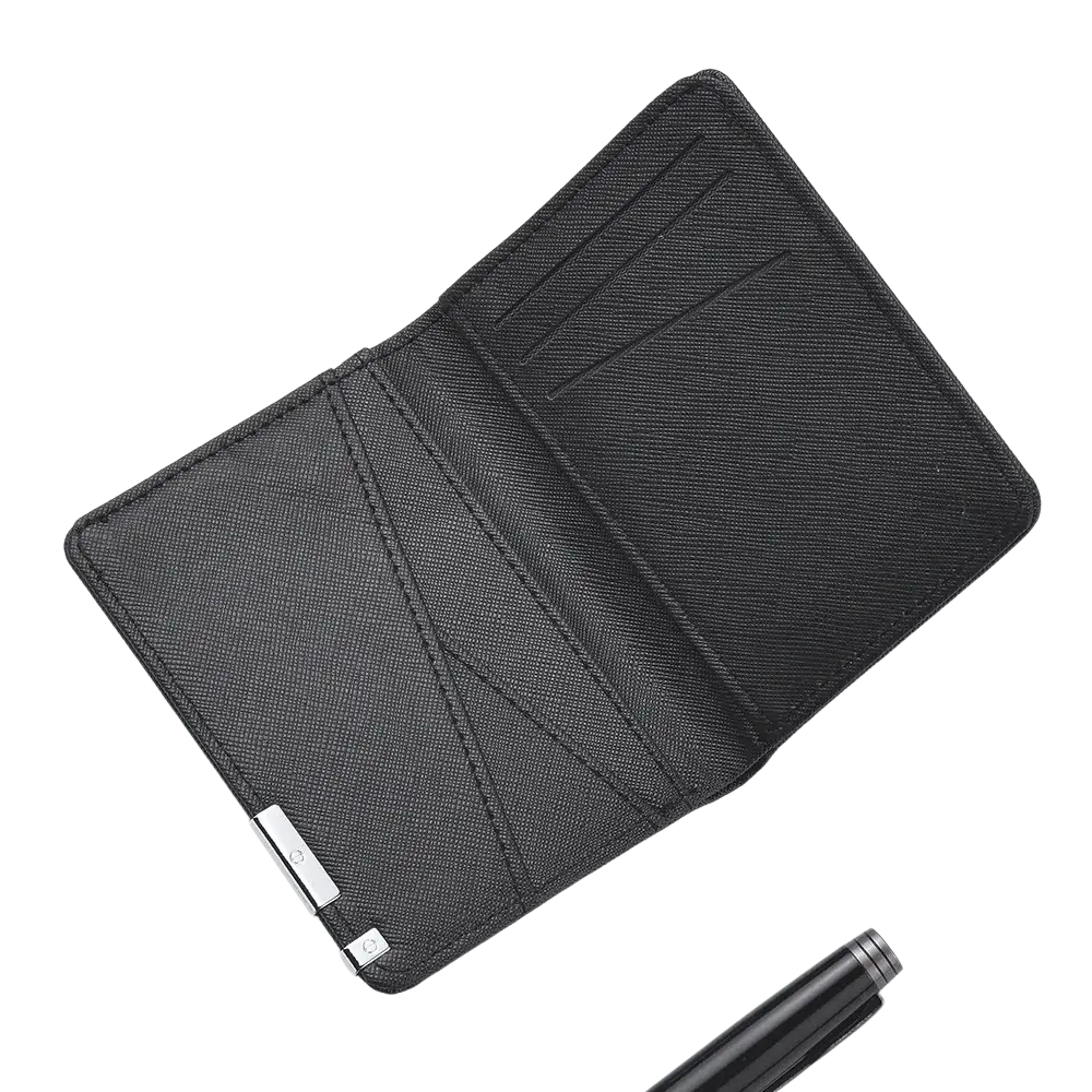 Black faux leather slim wallet with silver-toned metal clasp and textured finish for a sleek look
