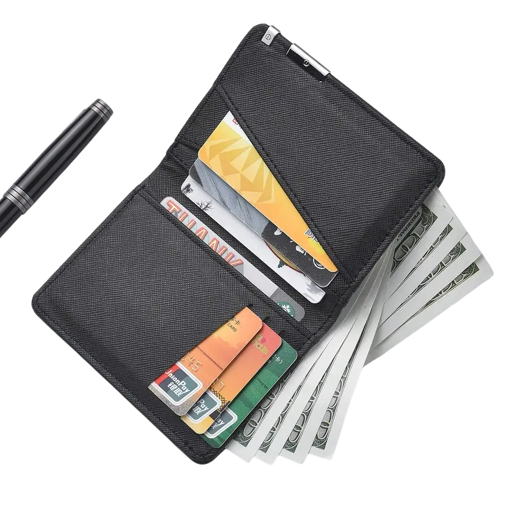 Black faux leather slim wallet with metal clasp featuring multiple card slots and a cash compartment