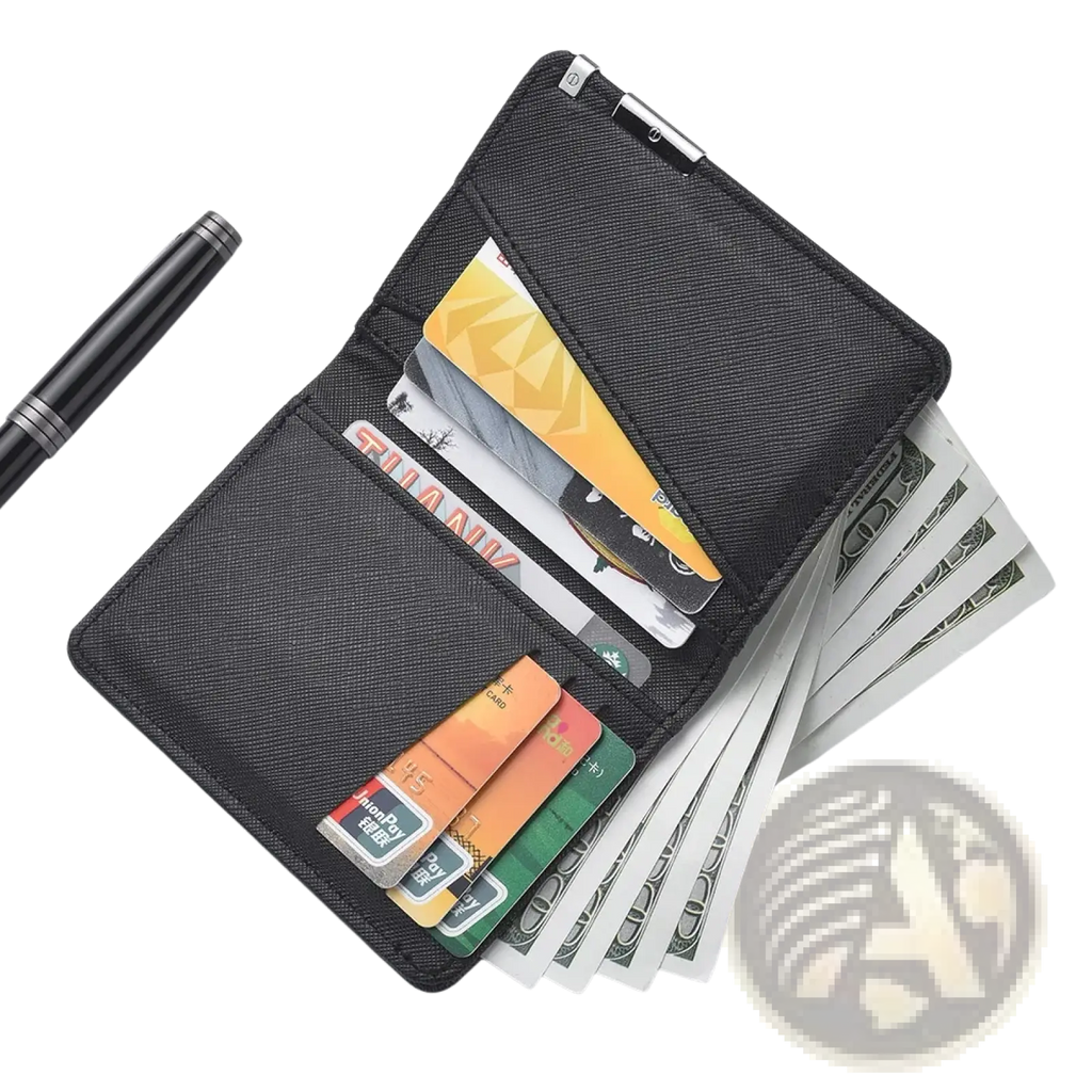 Black faux leather slim wallet with metal clasp featuring multiple card slots and a cash compartment
