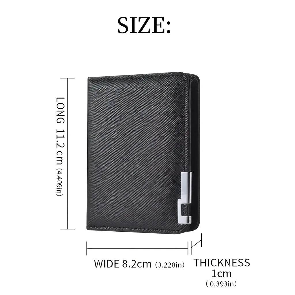 Black faux leather slim wallet with textured surface and silver metal clasp for secure closure