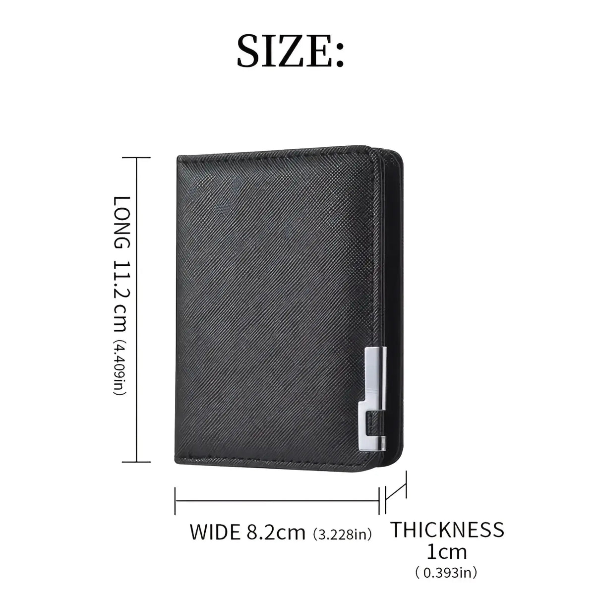 Black faux leather slim wallet with textured surface and silver metal clasp for secure closure