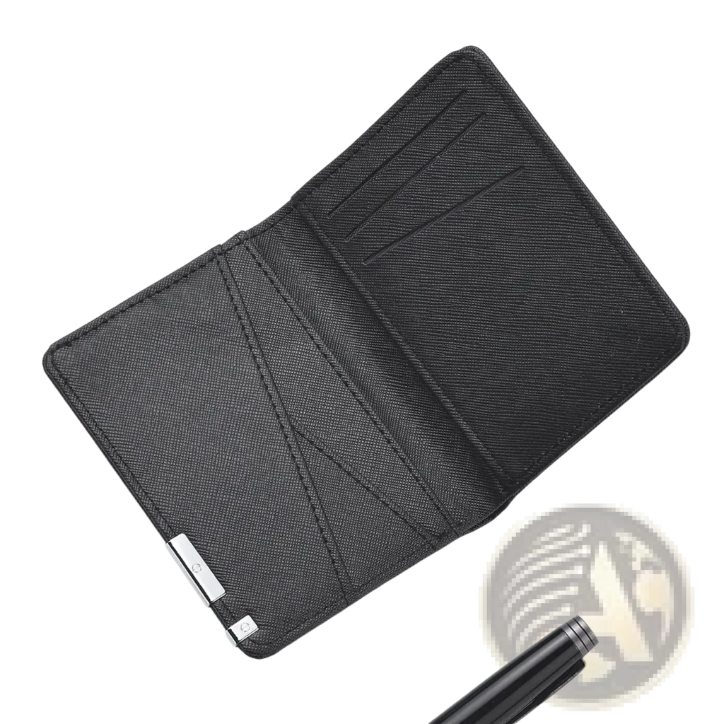 Black faux leather slim wallet with silver-toned metal clasp and textured finish for a sleek look