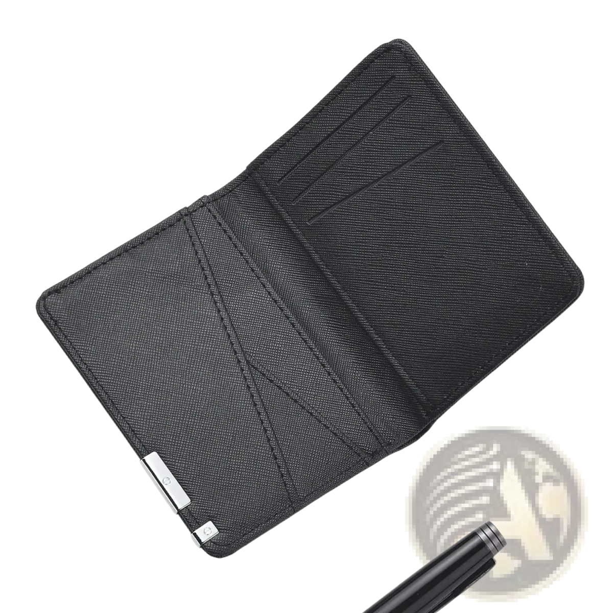 Black faux leather slim wallet with silver-toned metal clasp and textured finish for a sleek look