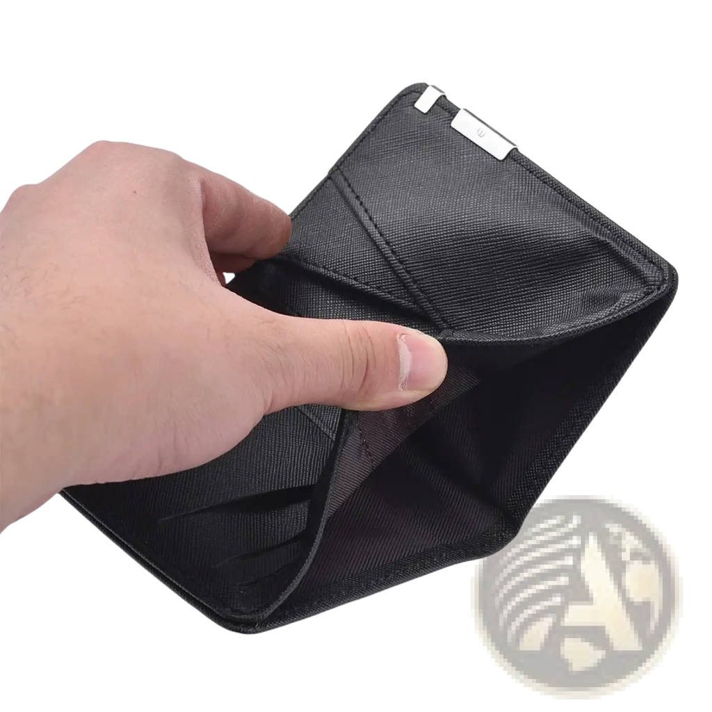 Black faux leather slim wallet with textured surface and silver-toned metal clasp for secure closure