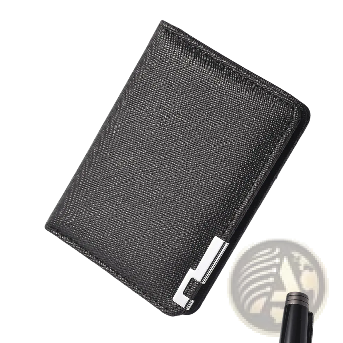 Black faux leather slim wallet with black textured surface and sleek silver metal clasp for secure closure