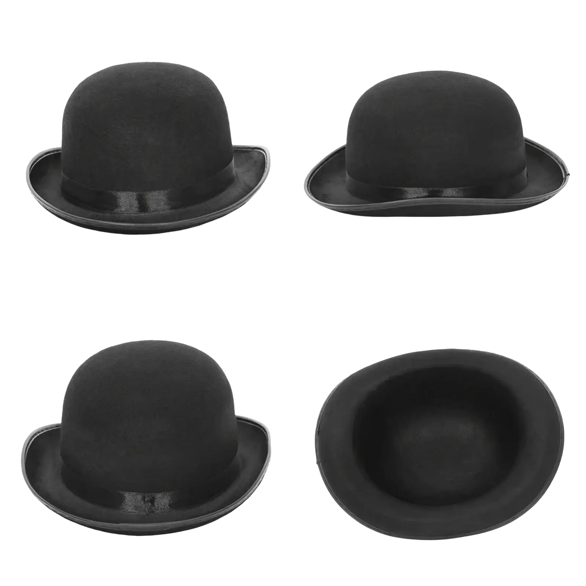 Black felt bowler hat featuring a smooth rounded crown and slightly curved brim in a unisex jazz cap design