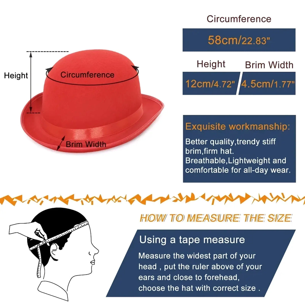 Bright red breathable plastic bowler hat with 45cm brim and 12cm height featured alongside black felt unisex jazz cap