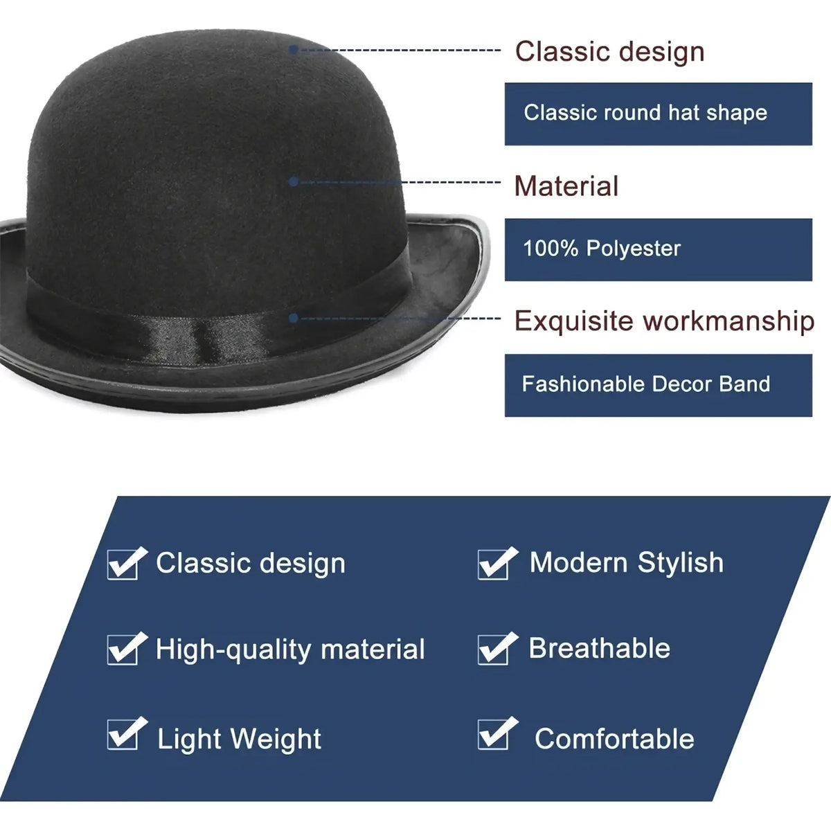 Black felt bowler hat unisex jazz cap with a glossy decorative band made of high-quality felt material