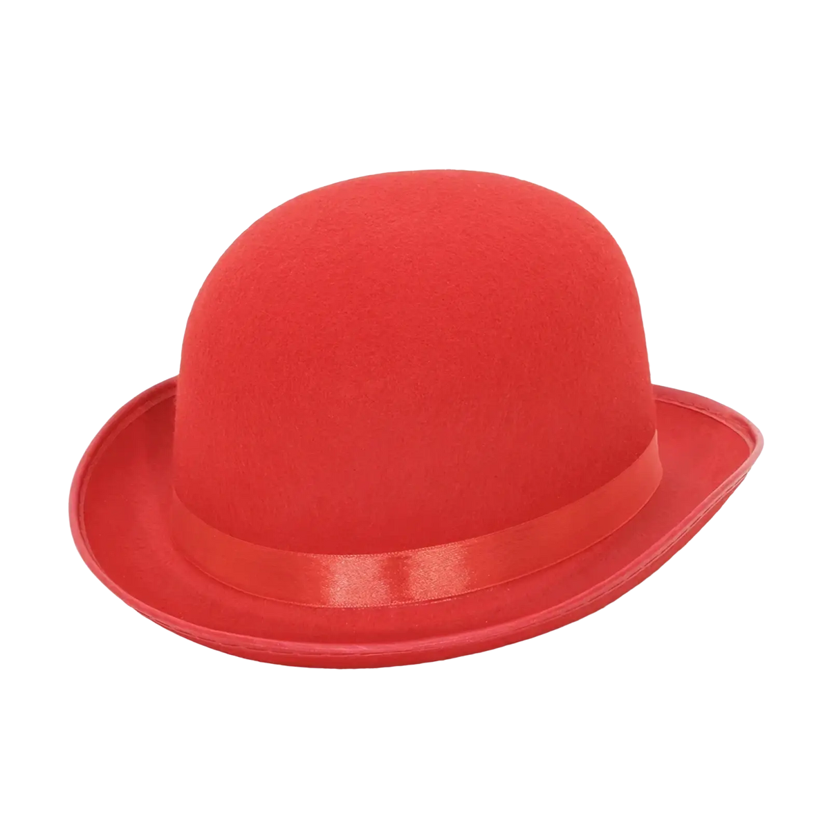A vibrant red felt bowler hat with a matching satin ribbon band for unisex jazz style wear