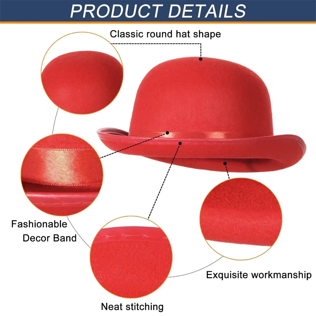 A vibrant red classic round bowler hat with smooth fabric and elegant band for unisex jazz style
