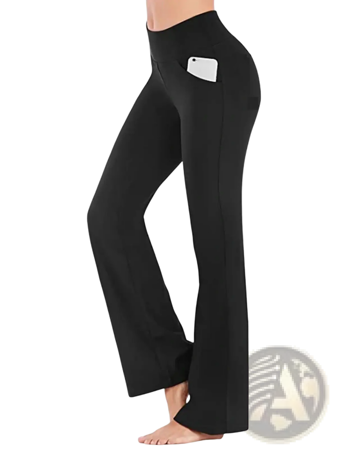 Black flare yoga pants with pockets featuring a high waist and flared legs with a side smartphone pocket