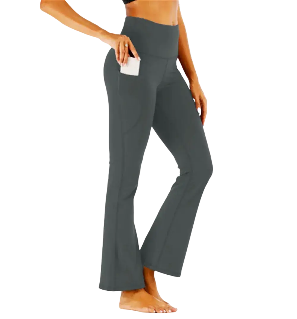 Dark gray high-waisted black flare yoga pants with side pockets designed for comfortable activewear use