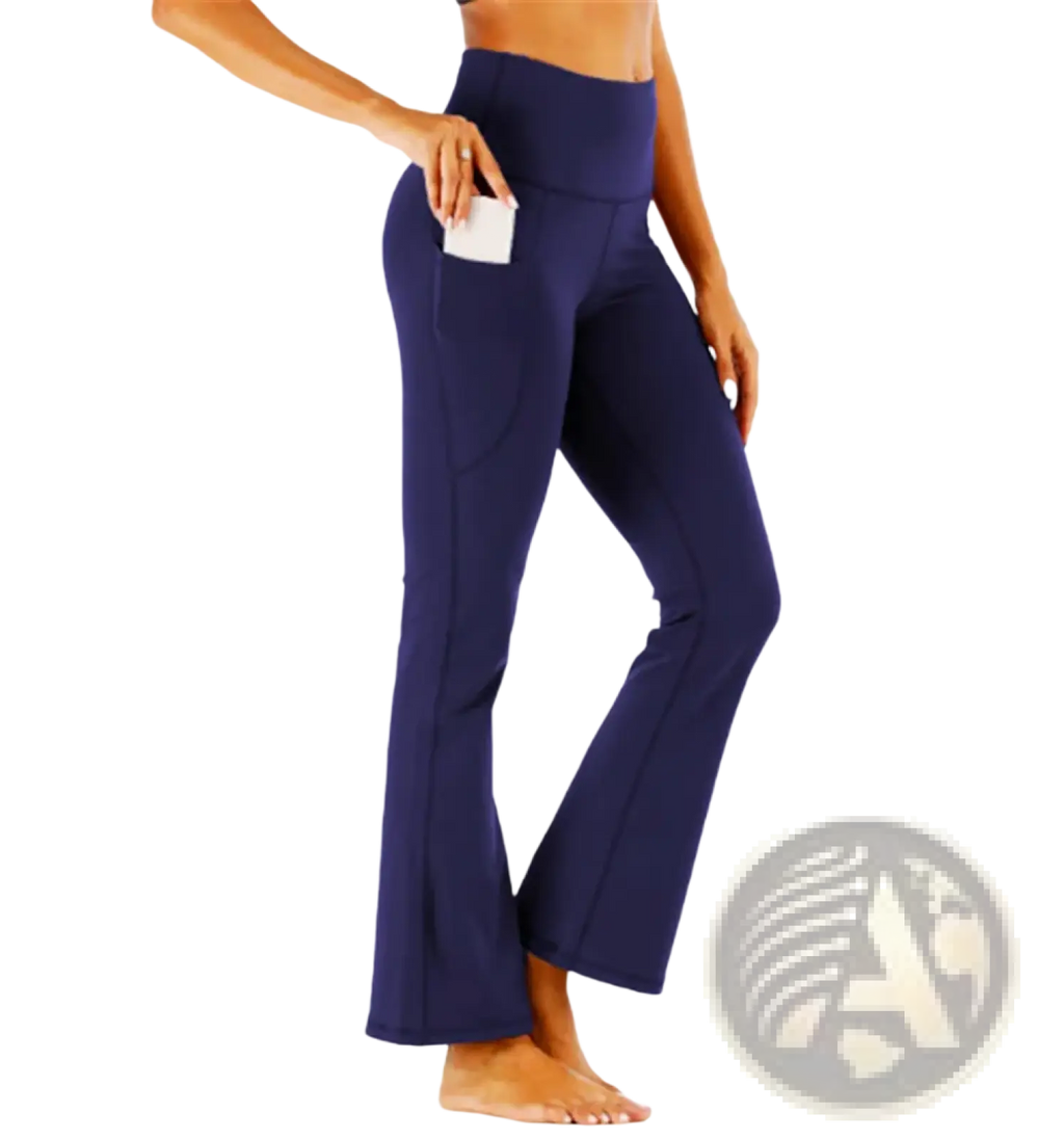 Navy blue high-waisted flared yoga pants with a side pocket designed for comfort and functionality