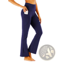 Navy blue high-waisted flared yoga pants with a side pocket designed for comfort and functionality
