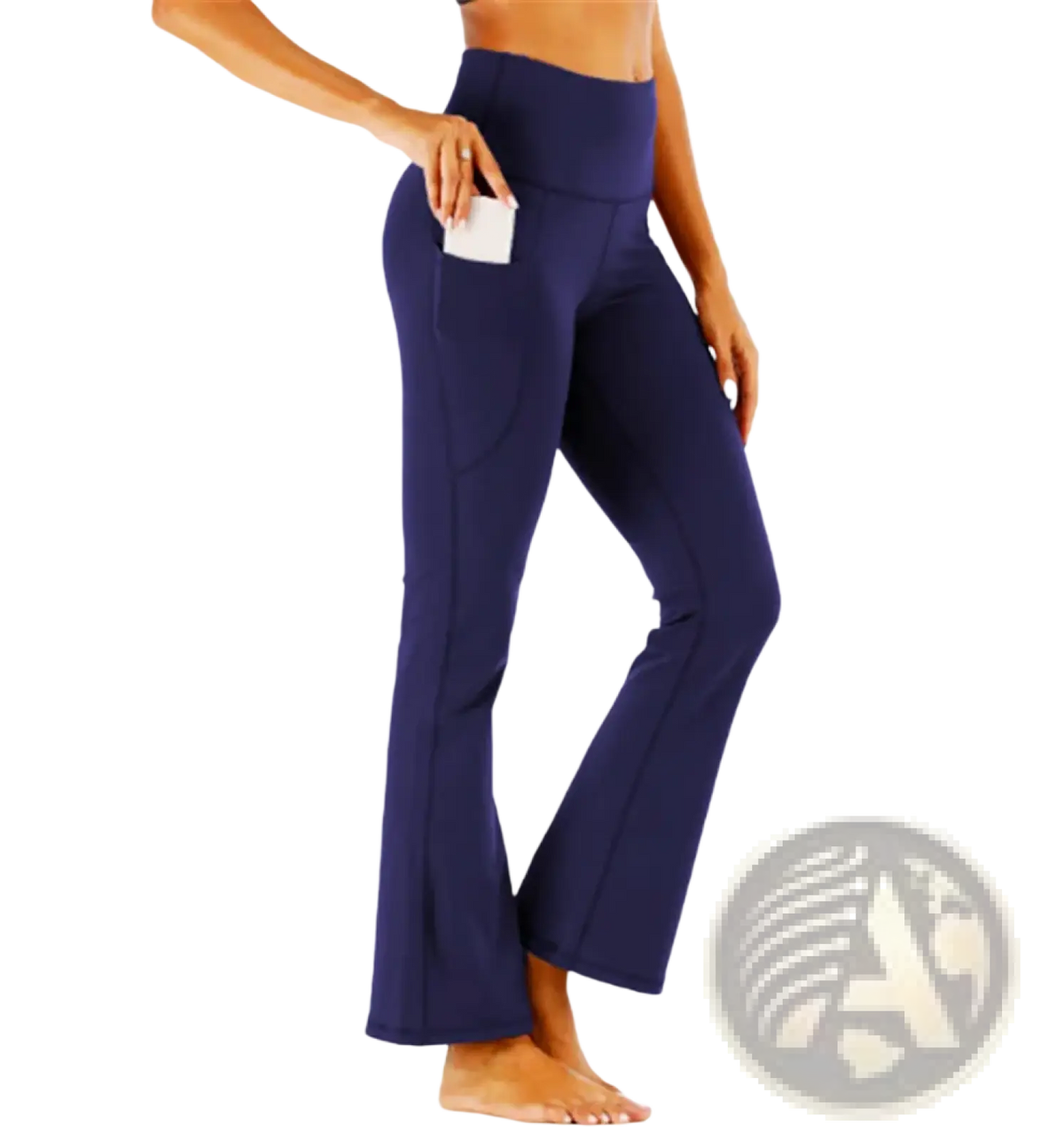Navy blue high-waisted flared yoga pants with a side pocket designed for comfort and functionality