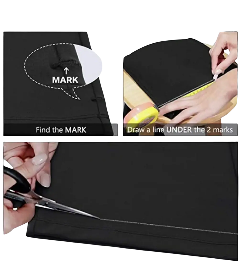 Black flare yoga pants with pockets shown as black fabric garment with marked cutting lines for easy-cut design