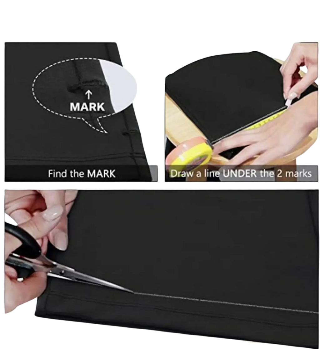 Black flare yoga pants with pockets shown as black fabric garment with marked cutting lines for easy-cut design