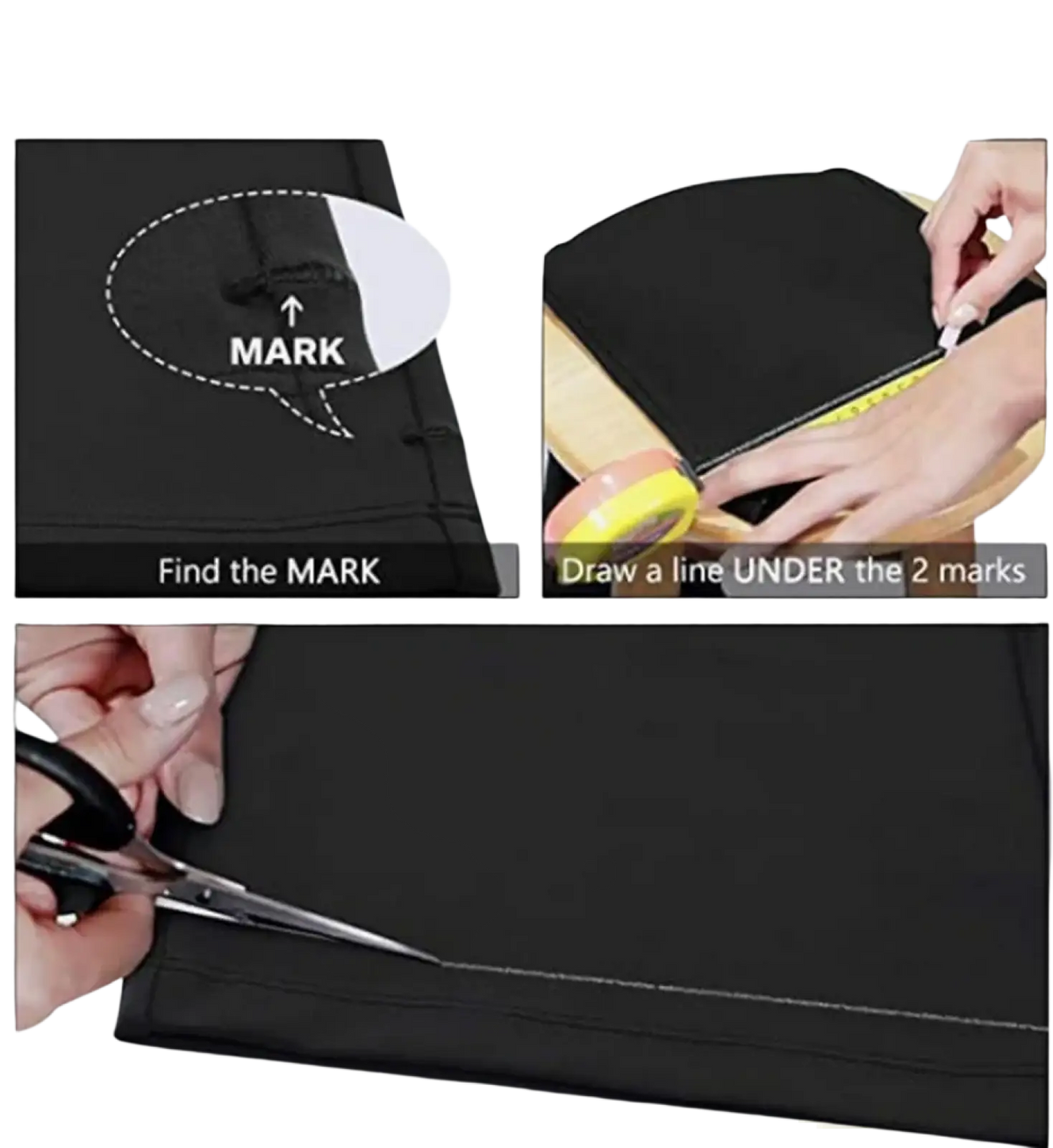 Black flare yoga pants with pockets shown as black fabric garment with marked cutting lines for easy-cut design