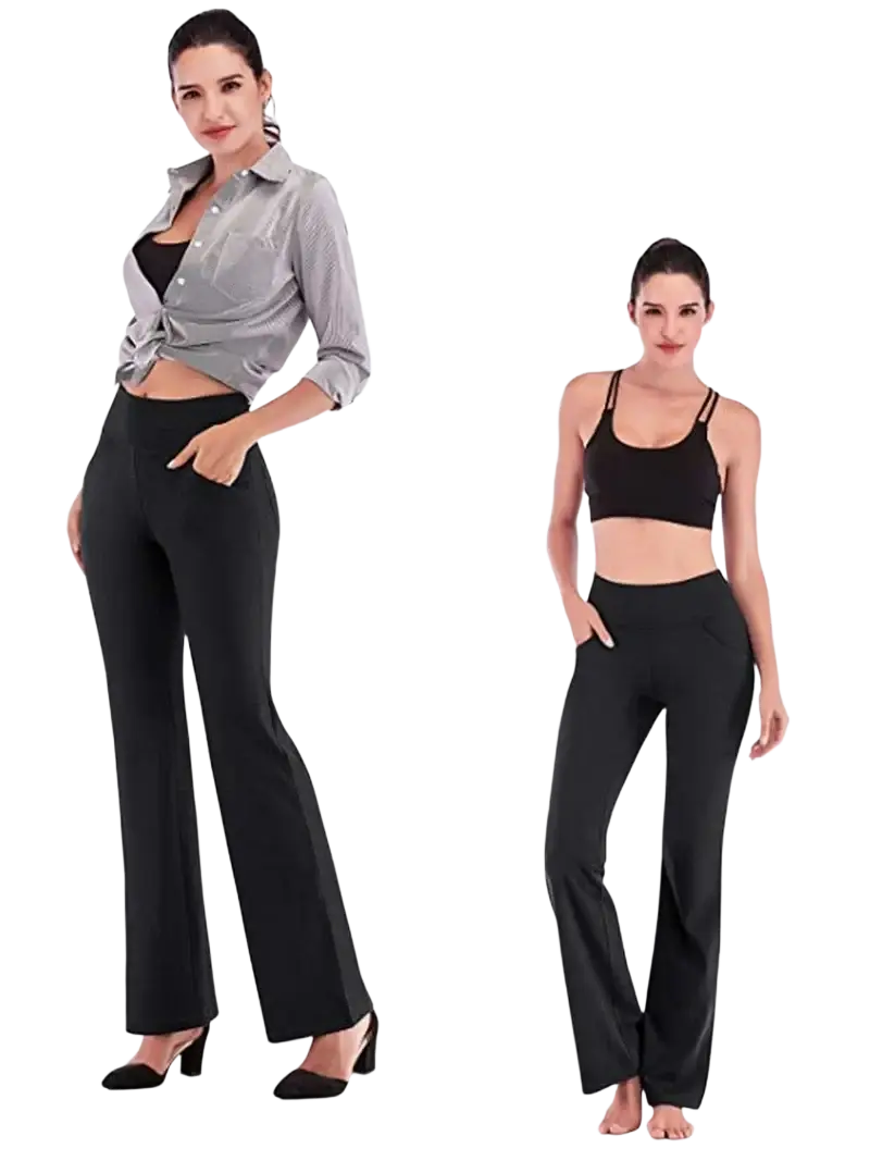 Black flare yoga pants with high-waisted wide-leg design made of smooth stretchy fabric and side pockets