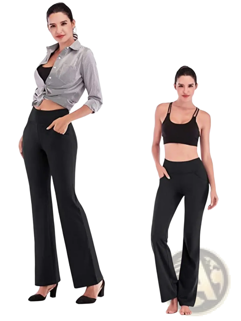 Black flare yoga pants with high-waisted wide-leg design made of smooth stretchy fabric and side pockets