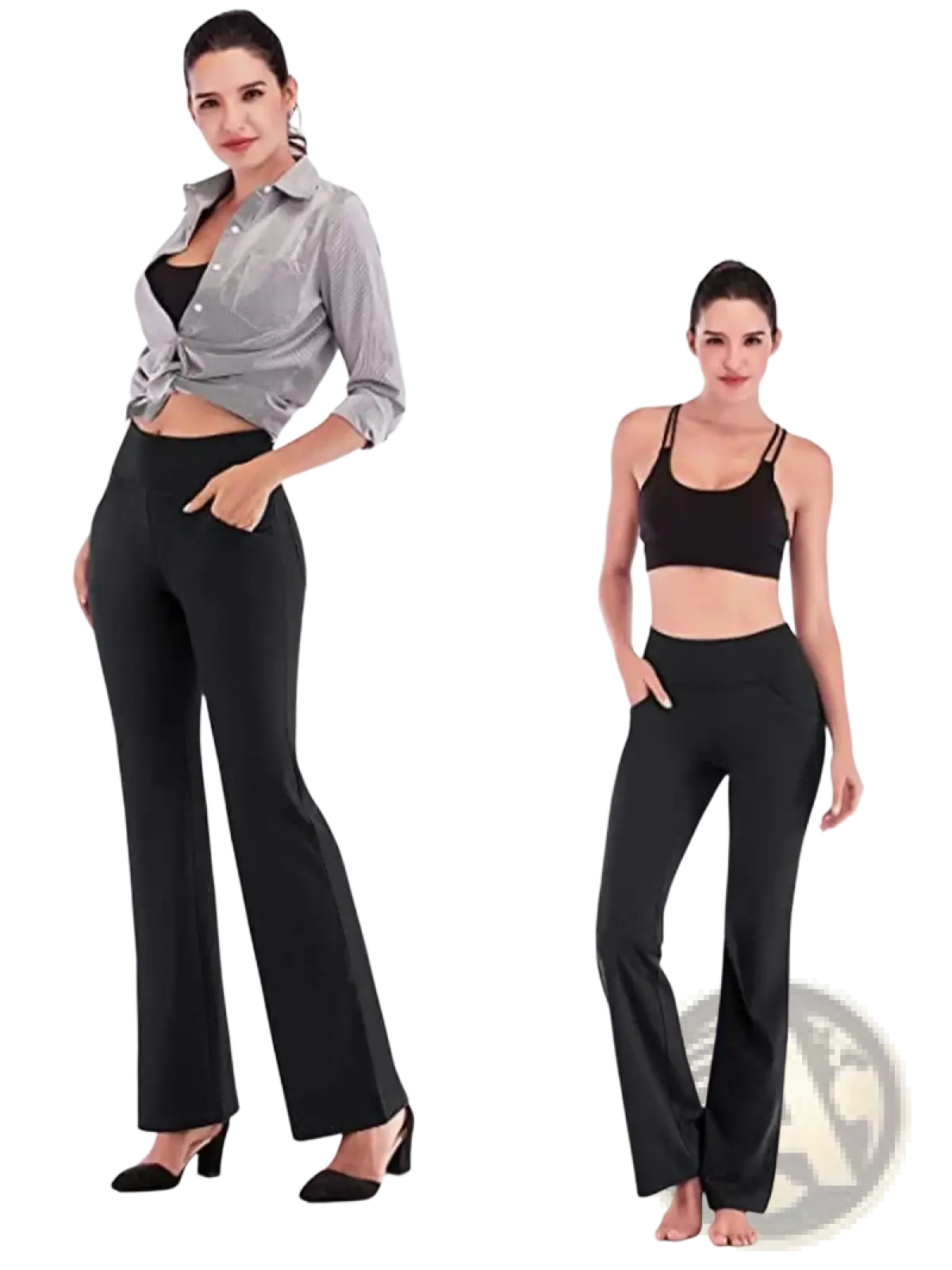 Black flare yoga pants with high-waisted wide-leg design made of smooth stretchy fabric and side pockets