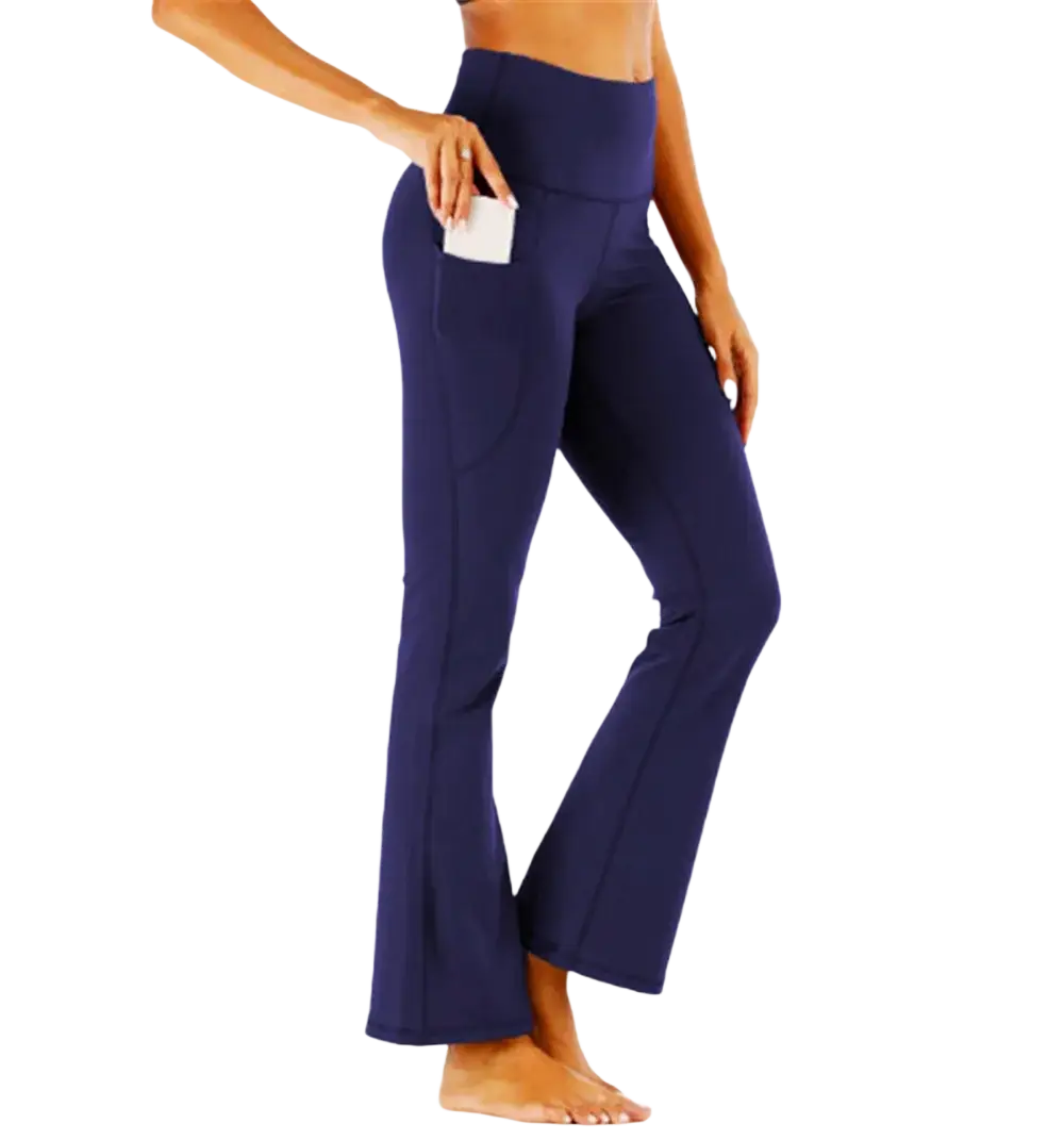 Navy blue high-waisted flared yoga pants with a side pocket designed for comfort and functionality