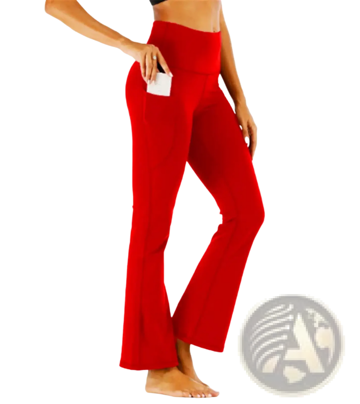 Red high-waisted flared yoga pants with a side pocket designed for comfort and functionality during workouts