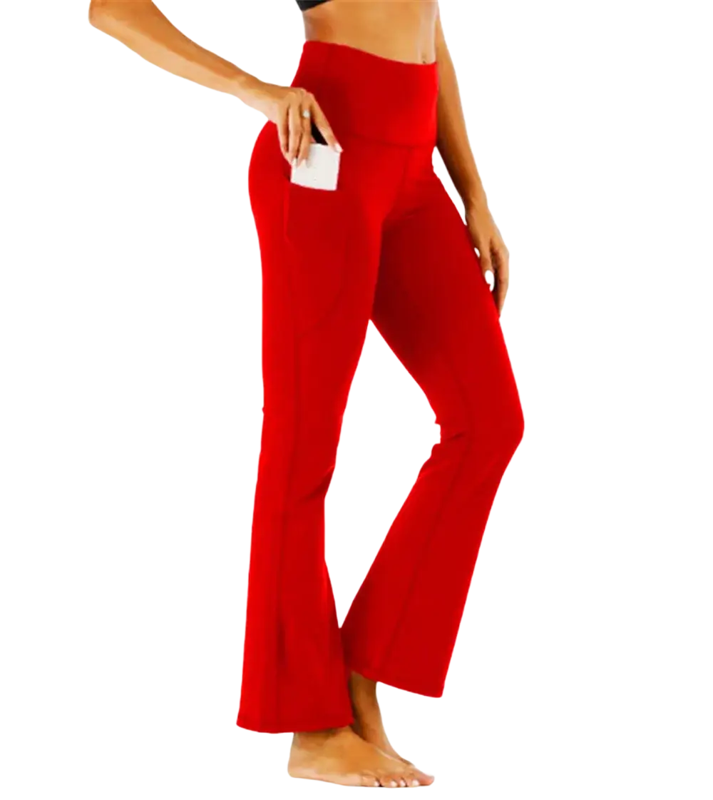 Black flare yoga pants featuring red high-waisted flared design with side pocket for convenience and style