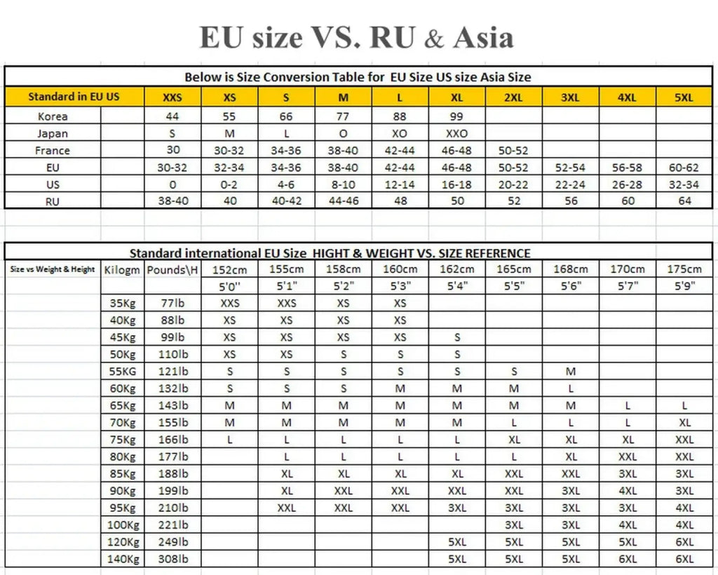 Size conversion chart for black flare yoga pants with pockets showing eu ru and asia sizes with weight and height references