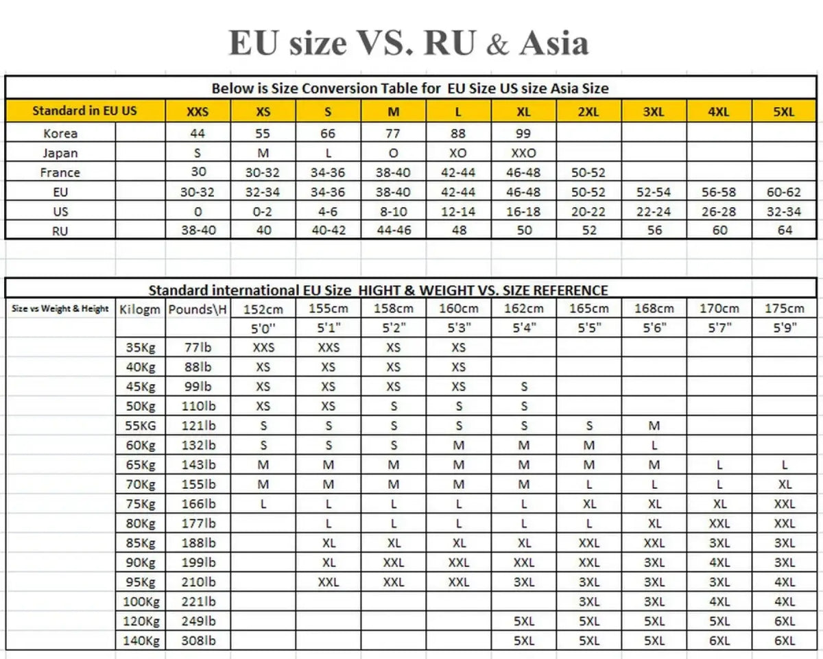 Size conversion chart for black flare yoga pants with pockets showing eu ru and asia sizes with weight and height references