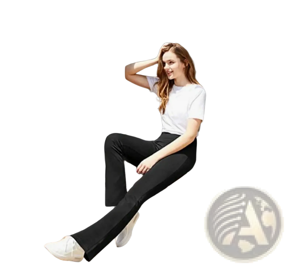 Woman wearing black flare yoga pants with pockets and a white t-shirt sitting on the step of a camper van