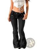 Black flared denim jeans with high elasticity slim fit featuring a high waist and front pockets in black denim